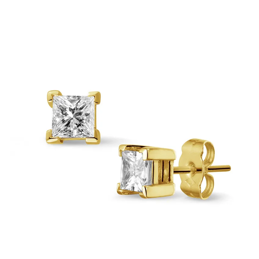 1.00 quilates pendientes diamantes talla princesa en oro amarillo 