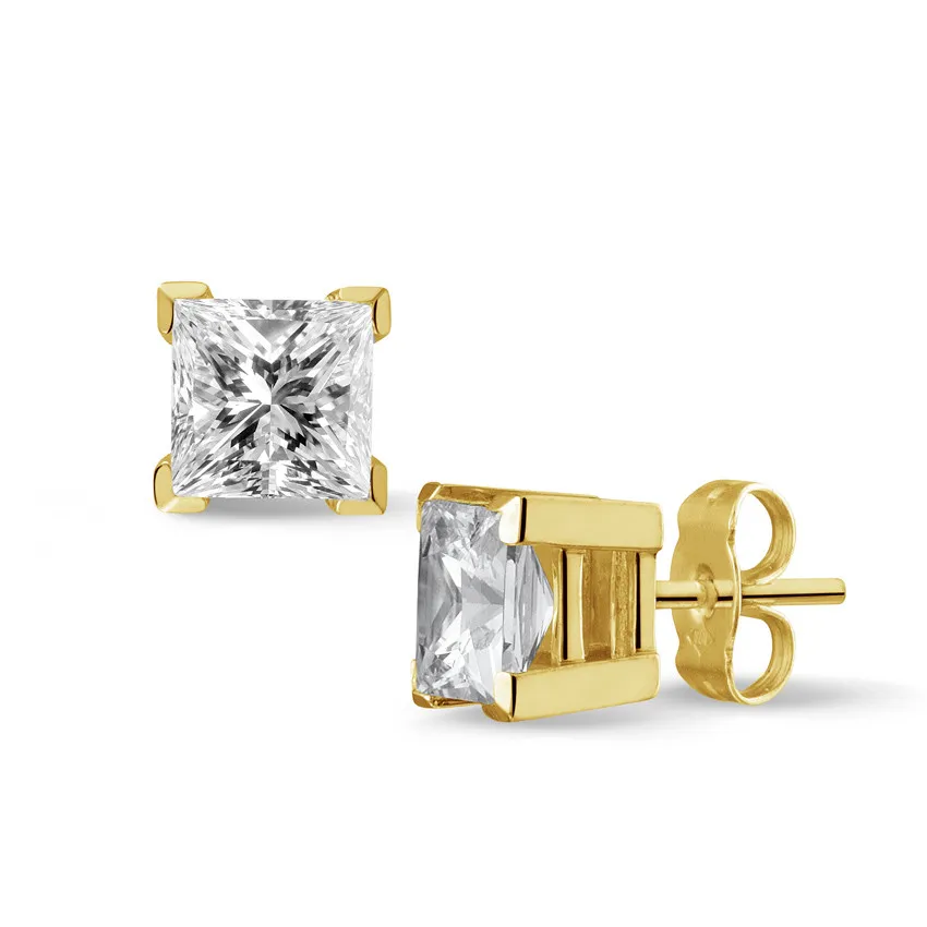 2.00 quilates pendientes diamantes talla princesa en oro amarillo 