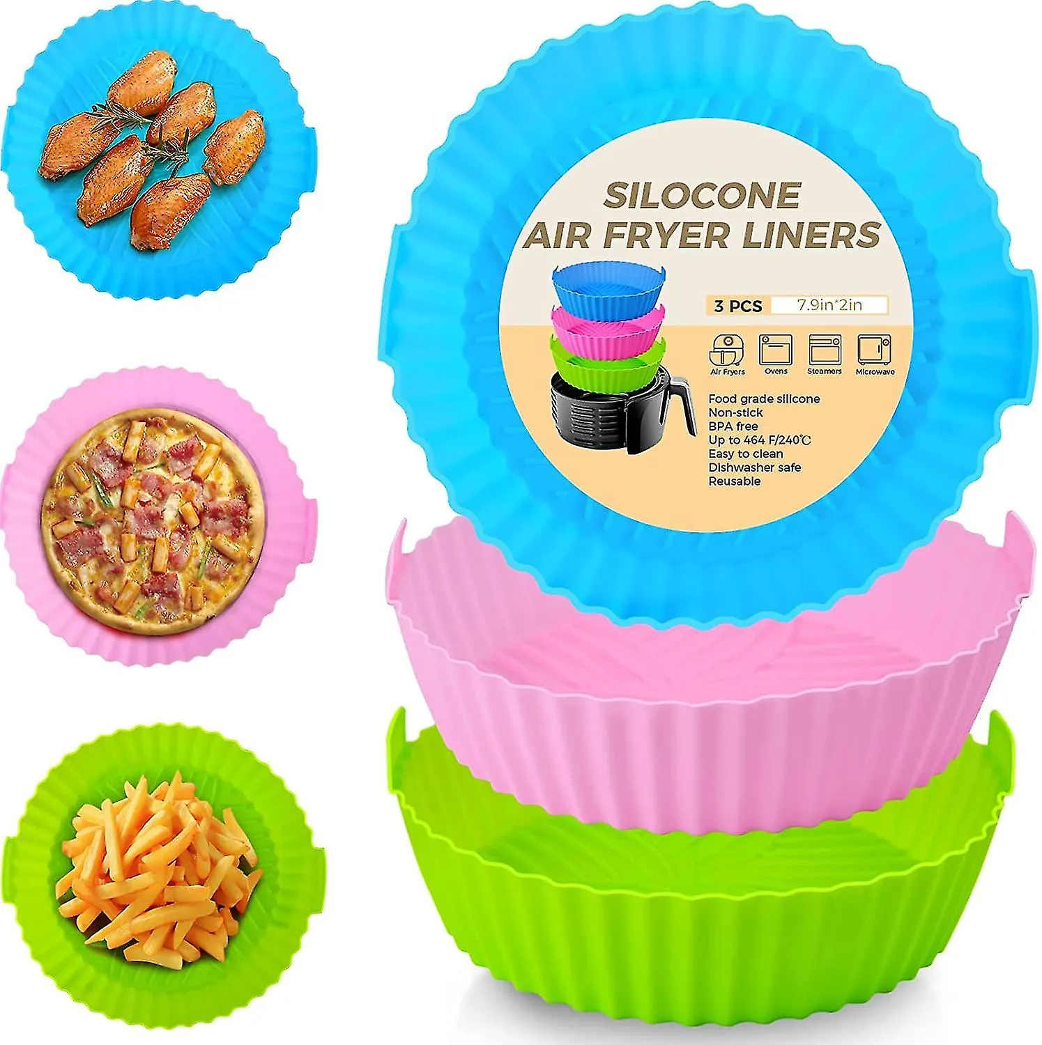 3pcs Air Fryer Liners de silicona 8inch Air Fryer Silicone Pot Reutilizable Silicone Grade Silicone Air Fryer Hornear Bandeja Ac