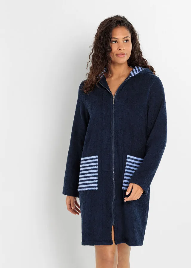 Albornoz de frottee en algodón orgánico Azul marino/azul perla de rayas