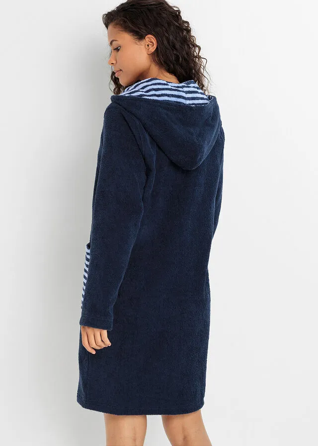 Albornoz de frottee en algodón orgánico Azul marino/azul perla de rayas