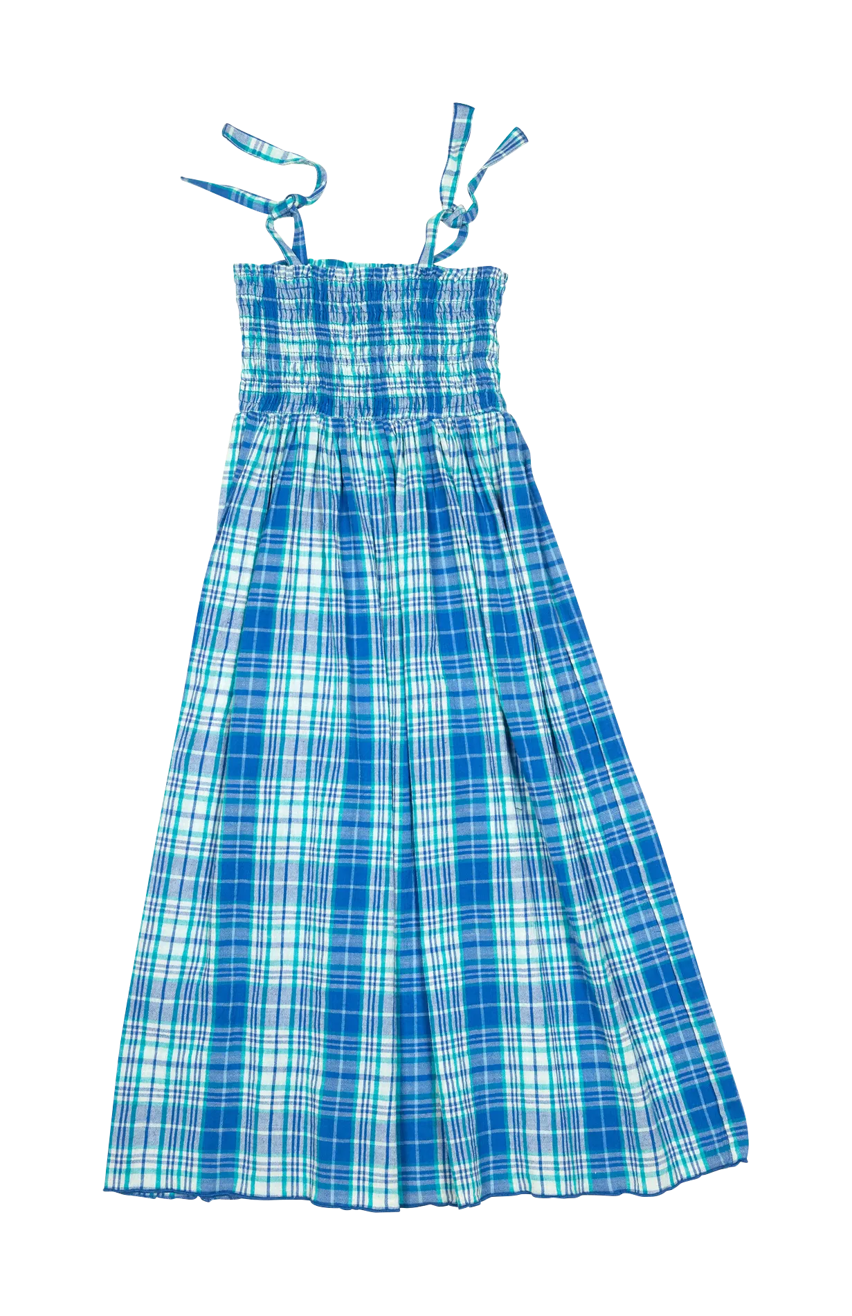 AMBER  VESTIDO LARGO DE CUADROS DE ALGODóN CON CUELLO BUSTIER EN AZUL