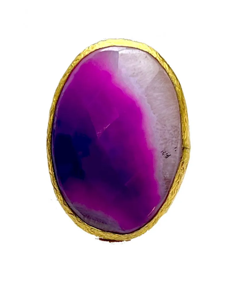 ANILLO MUJER GRANDE MORADO Y FUCSIA CON PIEDRA NATURAL OVALADA