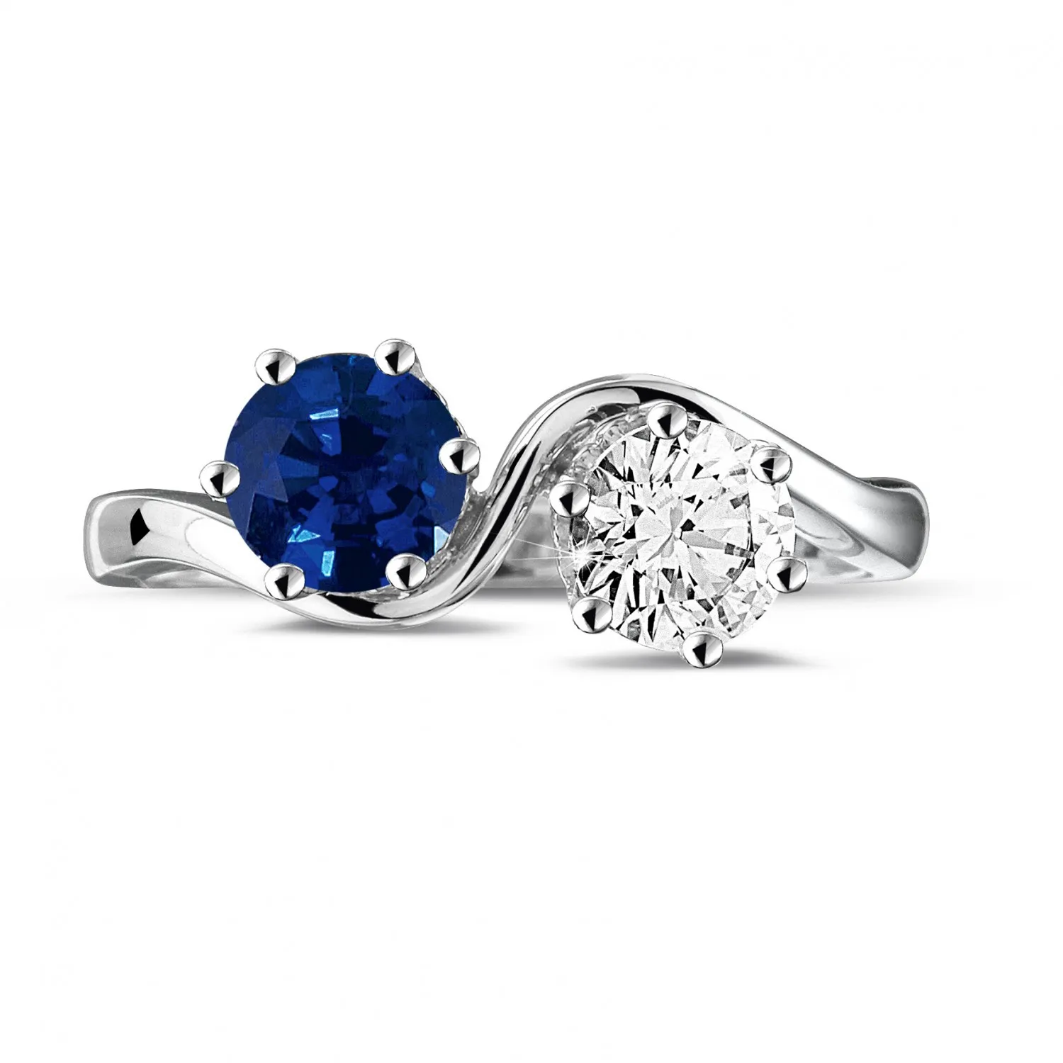 Anillo Toi et Moi en platino con zafiro y diamante redondo 