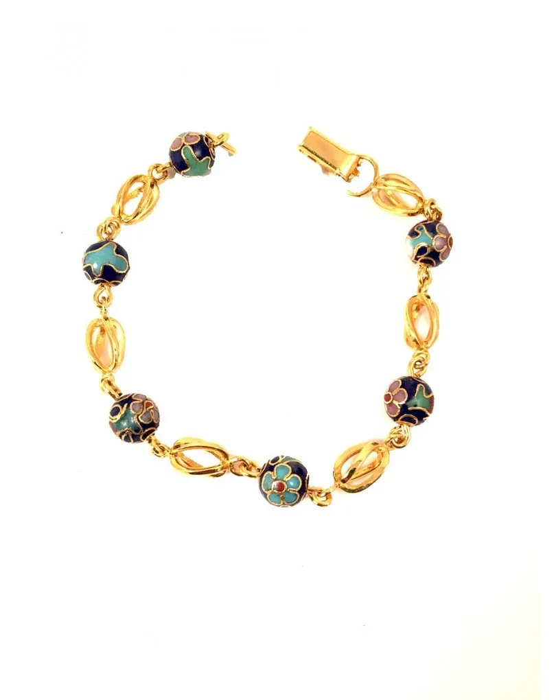 BISUTERIA FINA, PULSERAS CHAPADAS CON BOLAS INTERCALADAS ESMALTADAS EN AZUL Y VERDE