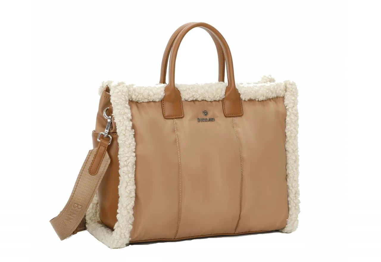 Bolso Mano Textil Camel Filo Borreguito Detalles y Asas Cuero