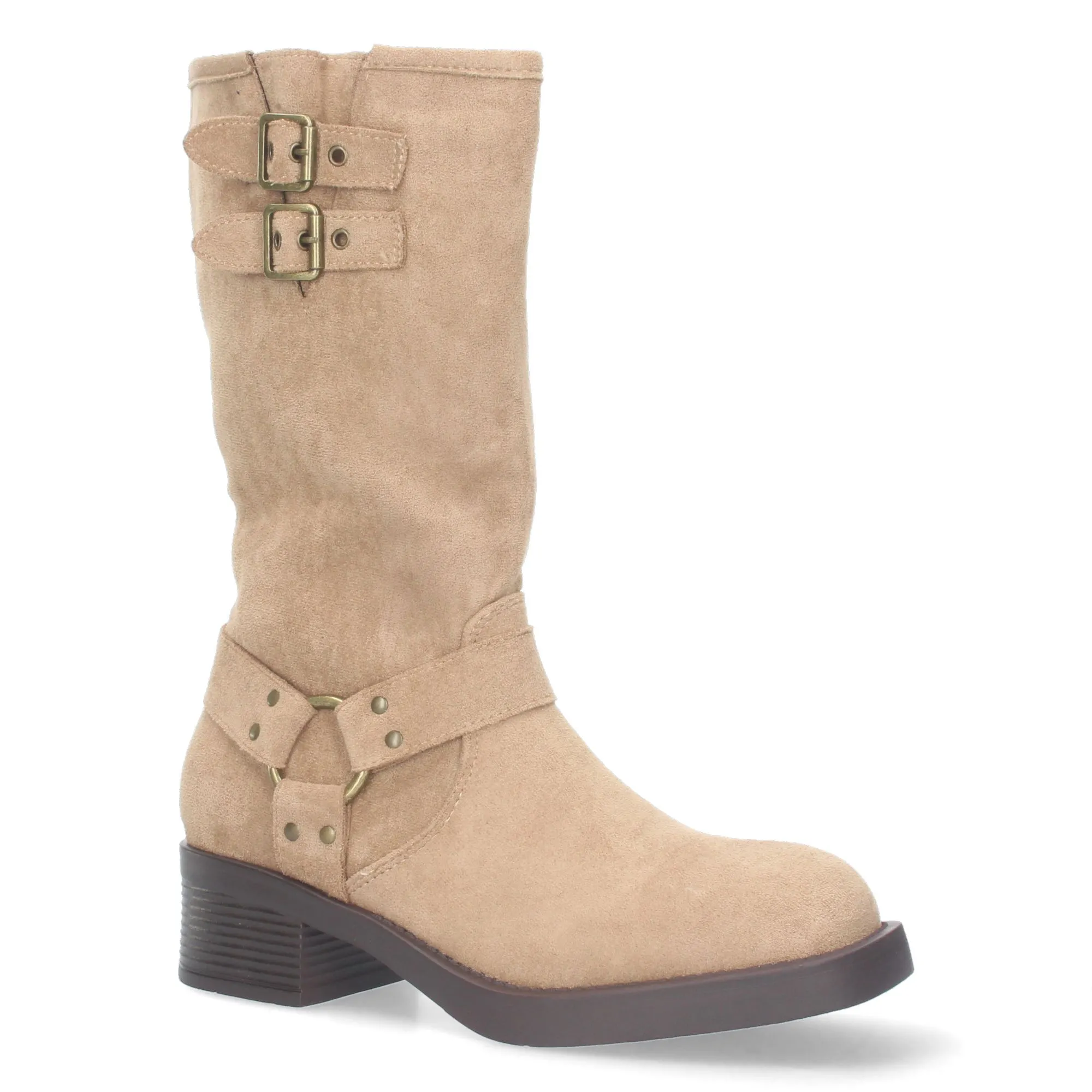 Botas altas planas estilo moteras biker para mujer color beige