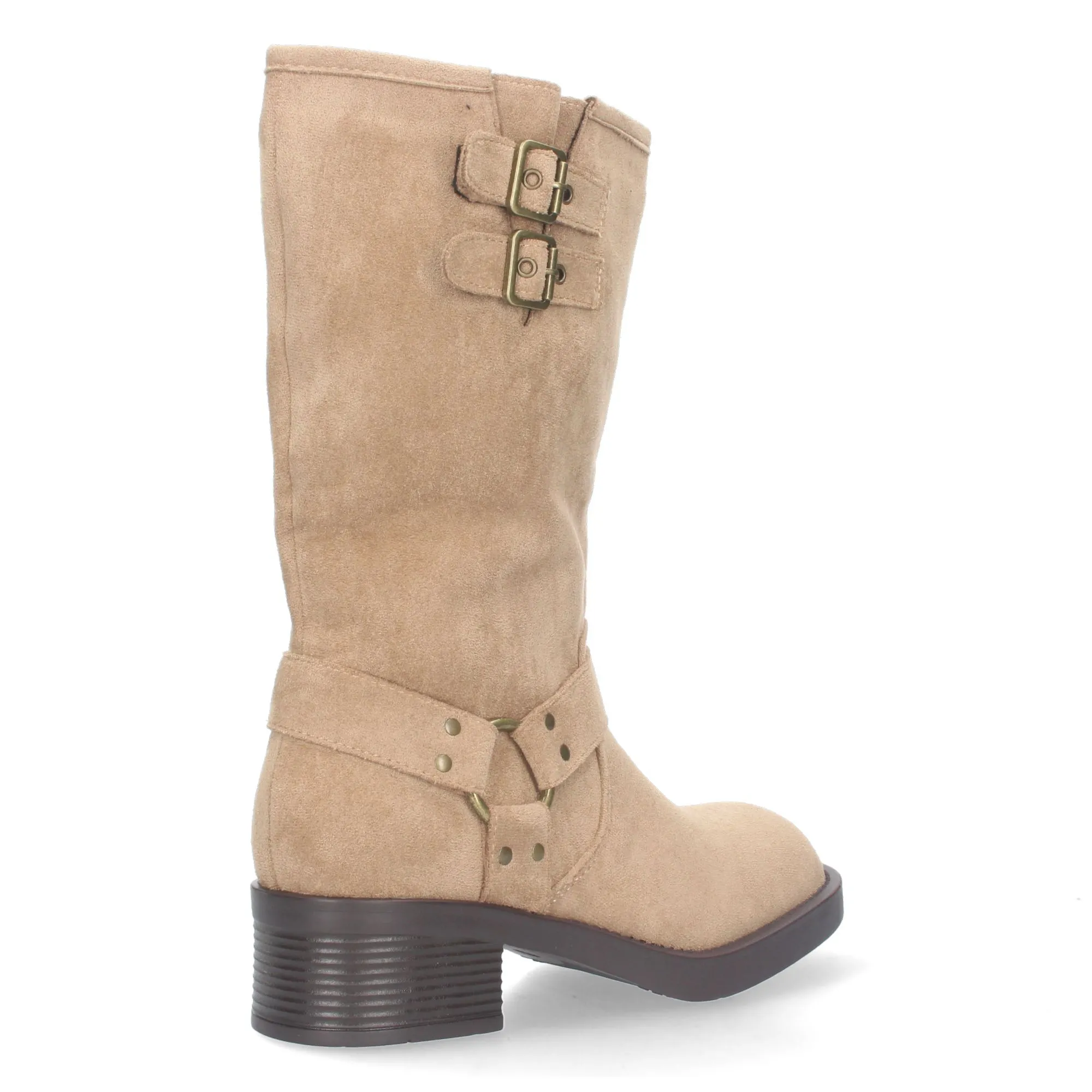 Botas altas planas estilo moteras biker para mujer color beige