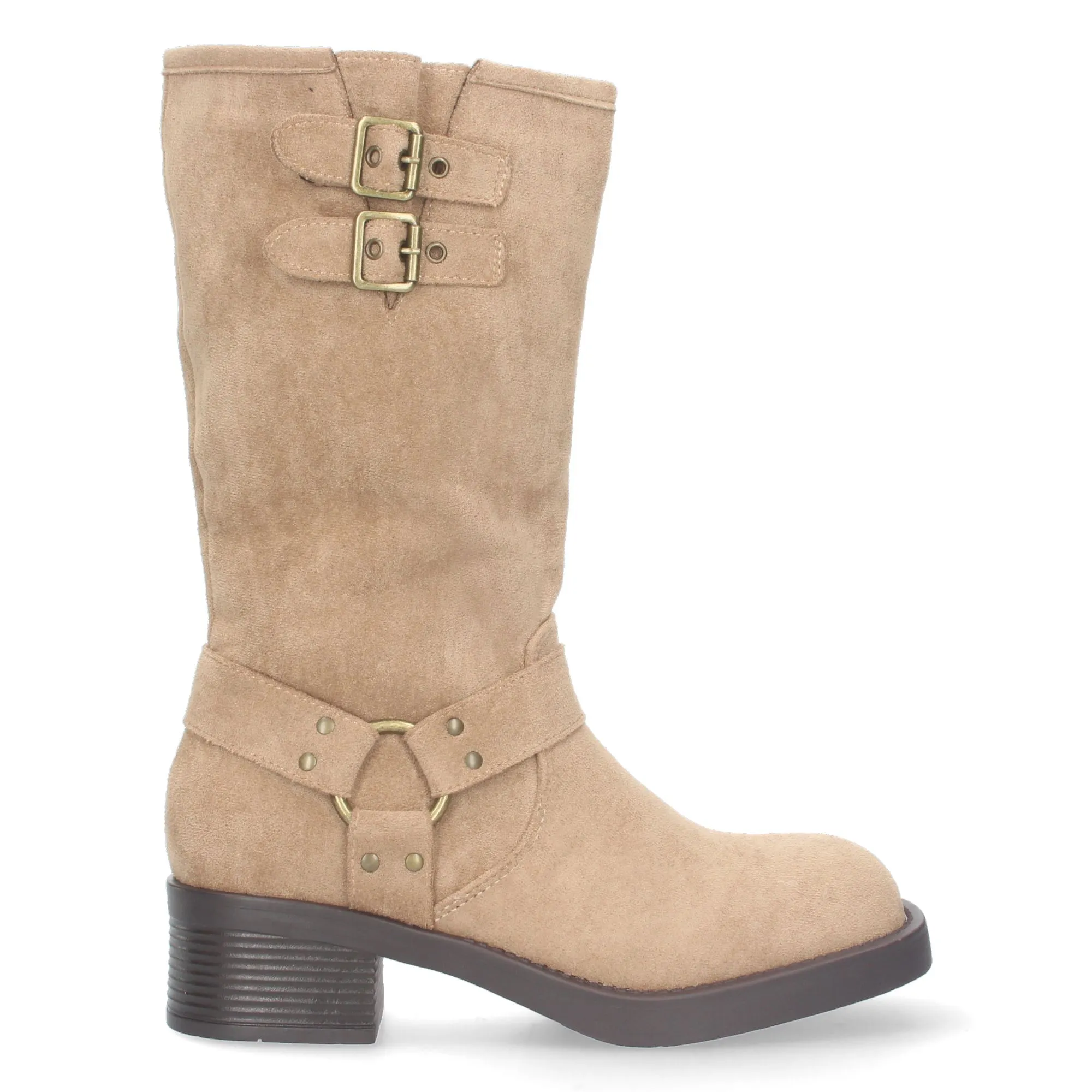 Botas altas planas estilo moteras biker para mujer color beige