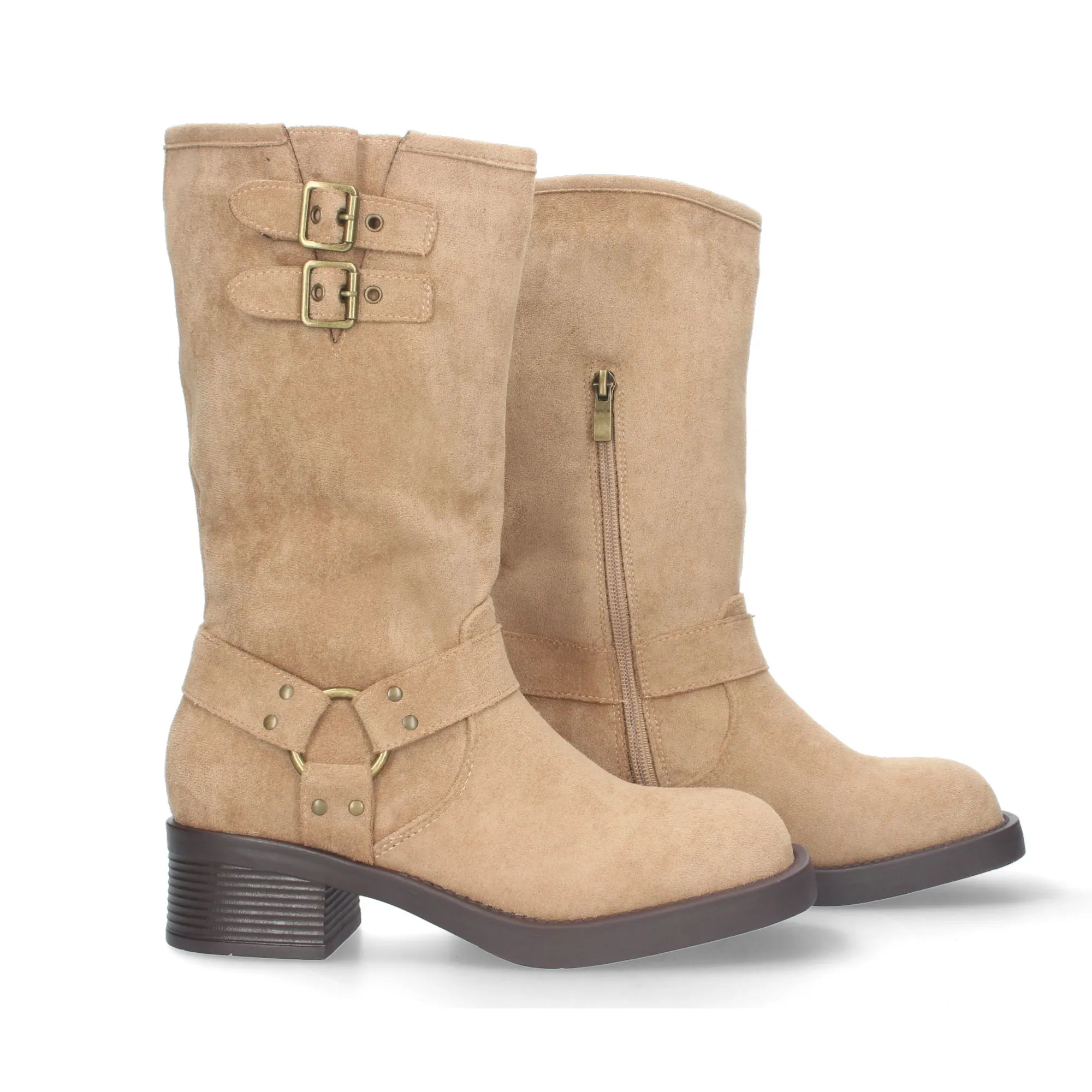 Botas altas planas estilo moteras biker para mujer color beige