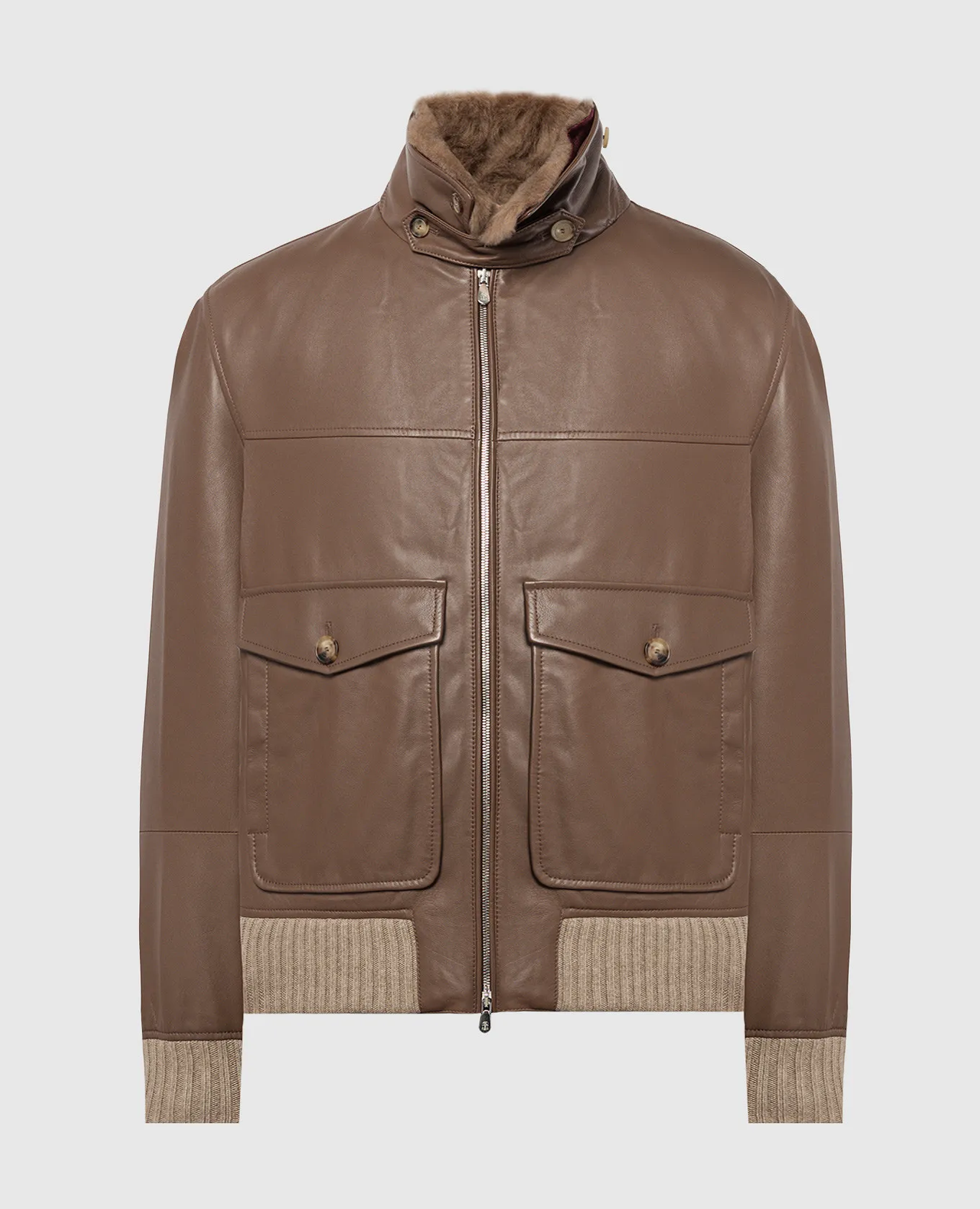 Brunello Cucinelli Brown leather jacket with fur