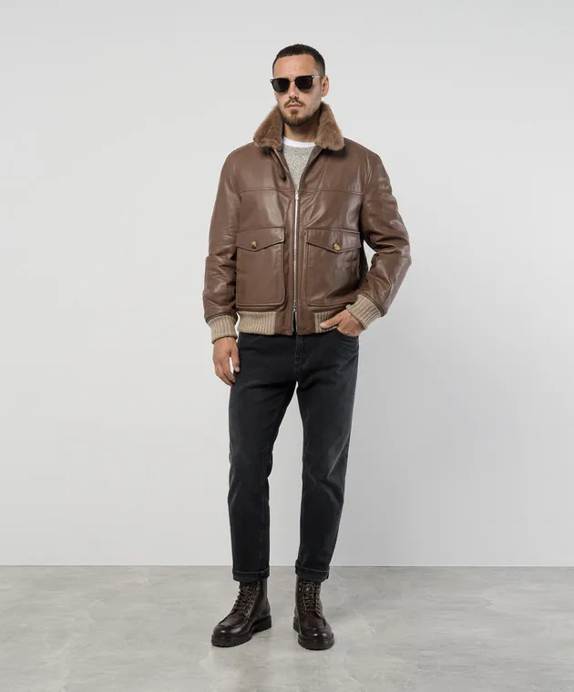 Brunello Cucinelli Brown leather jacket with fur