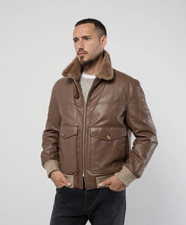 Brunello Cucinelli Brown leather jacket with fur