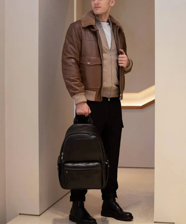 Brunello Cucinelli Brown leather jacket with fur