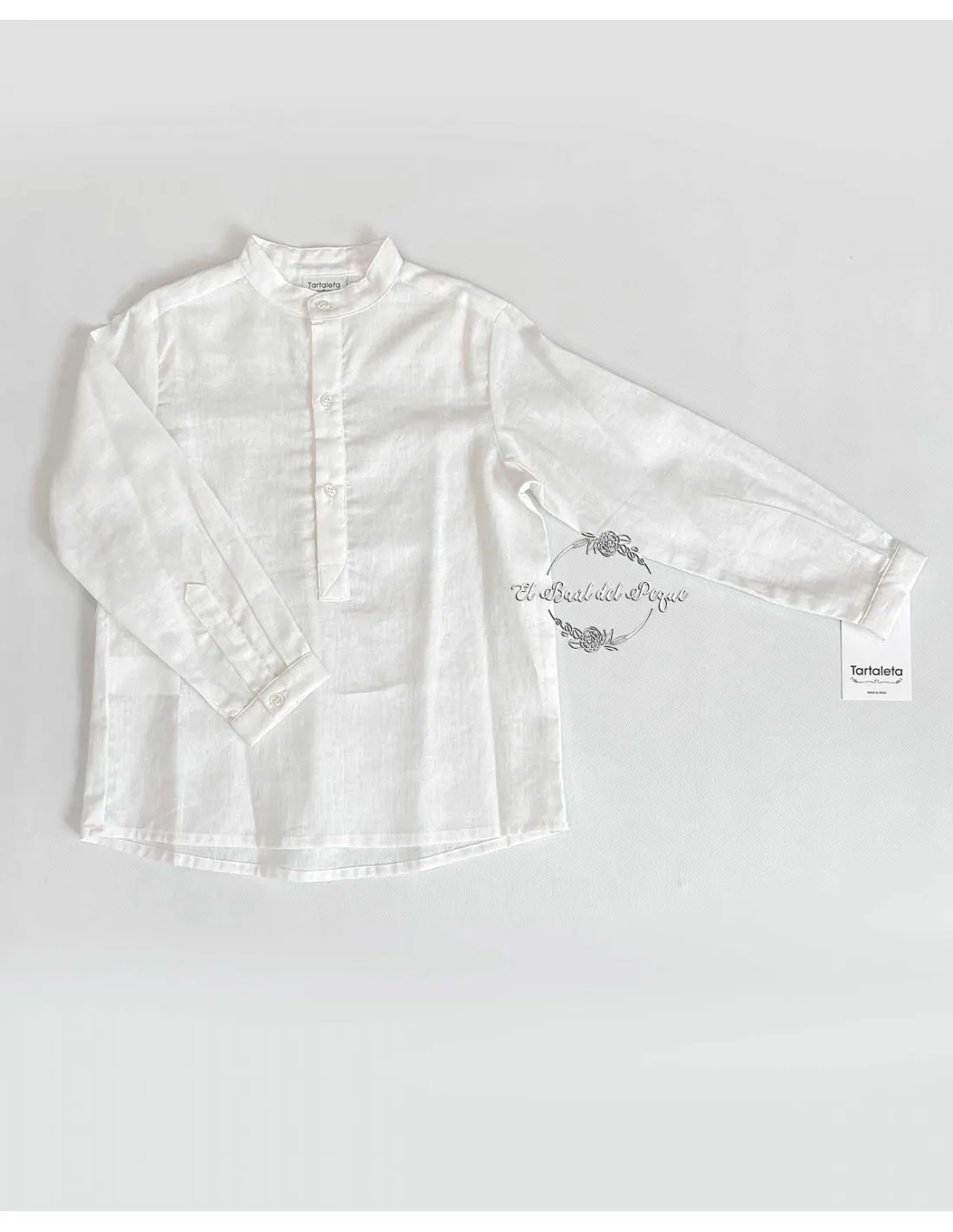 Camisa Niño Ceremonia Polera Blanca Tartaleta Cuello Mao