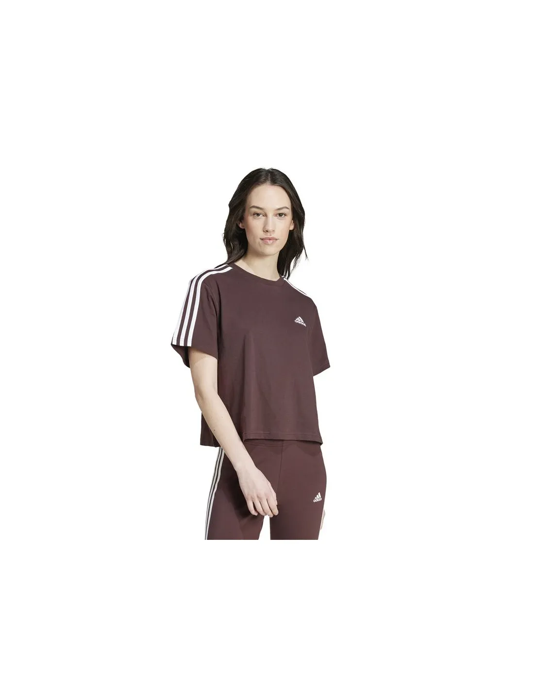 Camiseta adidas Essentials 3 Bandas Single Jersey Cropped Top Mujer Marrón