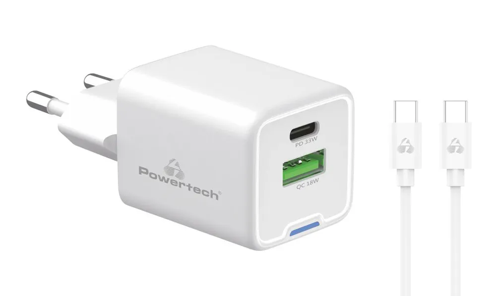 CARGADOR DE PARED POWERTECH PT1224, CABLE, USB/USBC, 33W, GAN, BLANCO