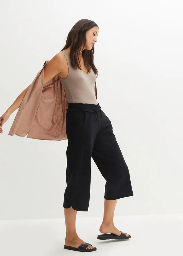 Culotte ancho de punto con largo capri y cintura cómoda Negro