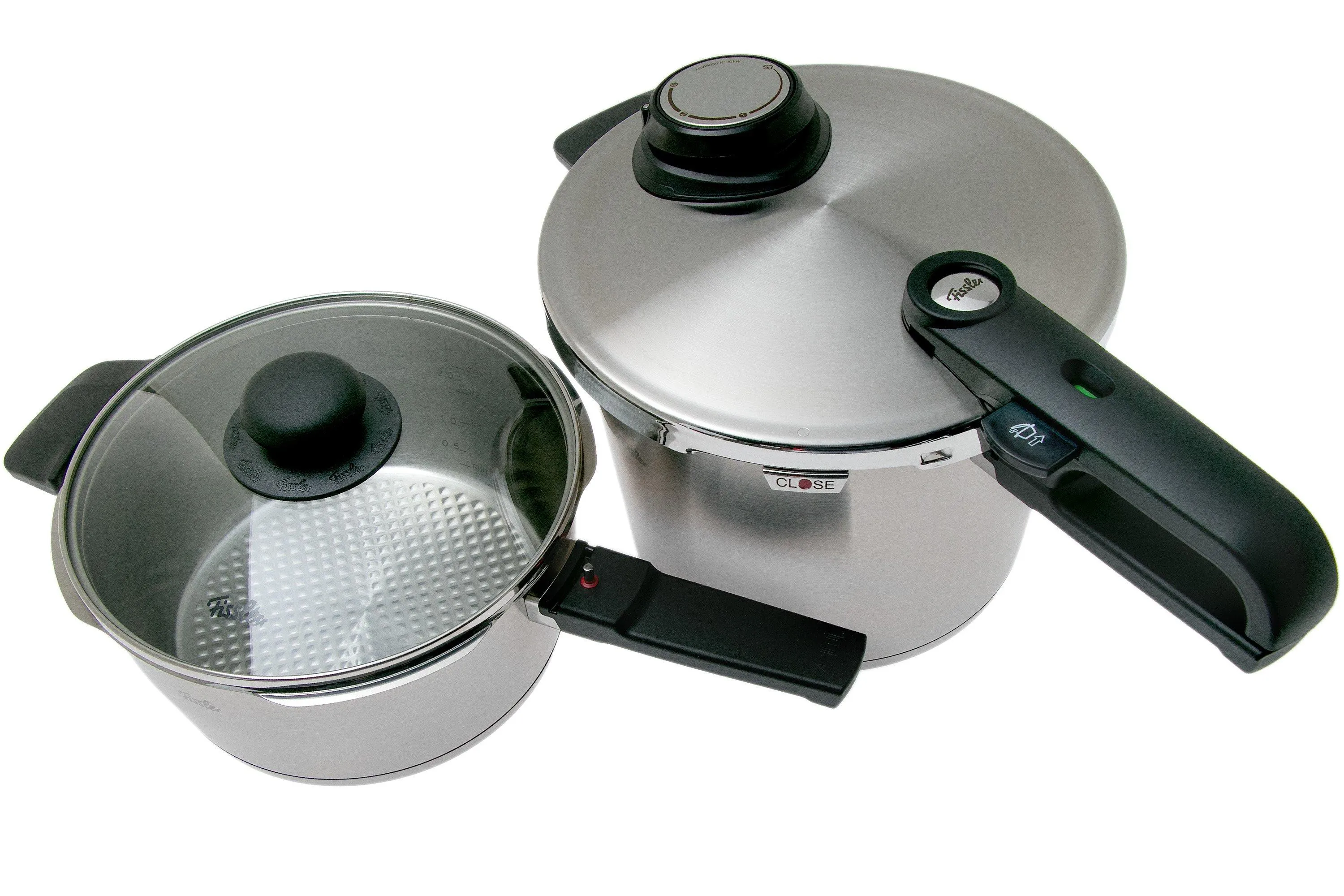 FISSLER VITAVIT PREMIUM 62241213090, JUEGO DE OLLA A PRESIóN DE 4 PIEZAS CON TAPA DE CRISTAL Y TAPA DE VAPOR