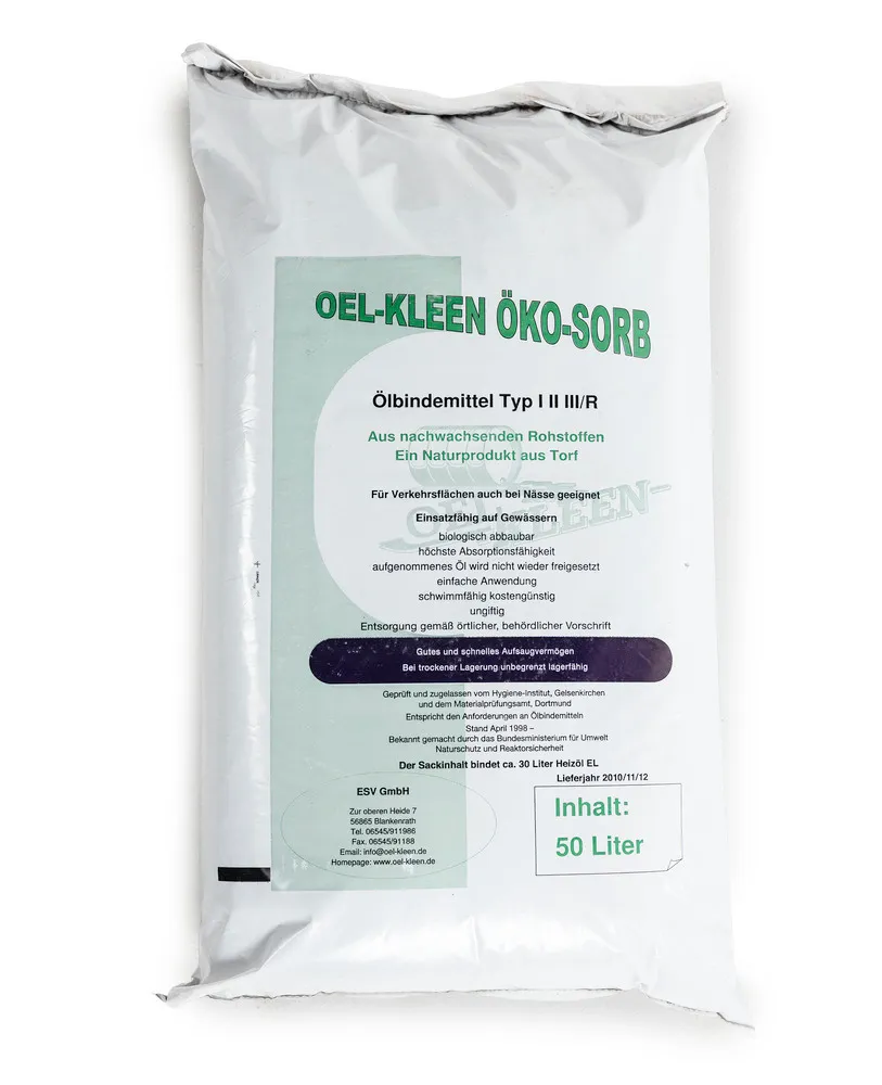 GRANULADO OELKLEEN ÖKOSORB, ABSORBENTE DE ACEITE DE FIBRA NATURAL, FLOTANTE, SACO DE 50 LITROS