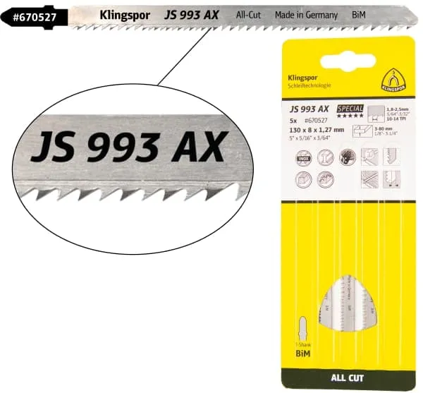 JS 993 AX Special Hoja sierra caladora bimetálica, fresada, engastada para Madera dura,  Plásticos reforzados con fibra,  Resina