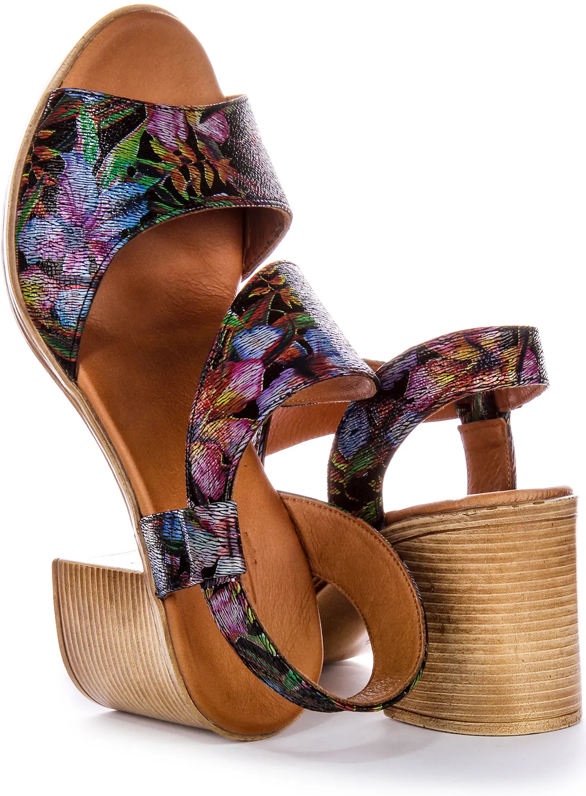 Justinreess Zapatos de Tacón Medio de Cuero para Mujer Alyssa Tacón de 3 pulgadas con Adorno Floral En Multicolor