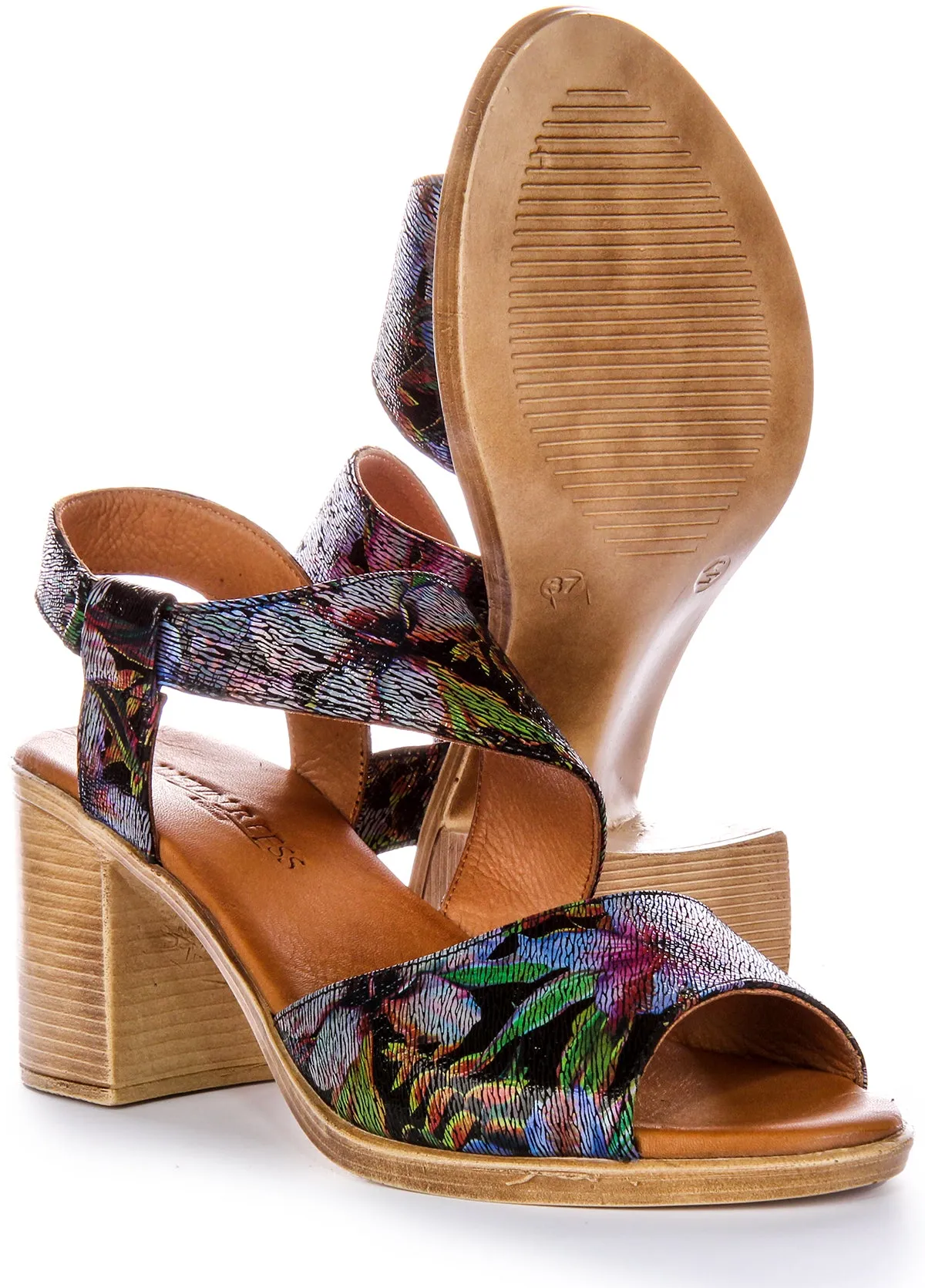 Justinreess Zapatos de Tacón Medio de Cuero para Mujer Alyssa Tacón de 3 pulgadas con Adorno Floral En Multicolor