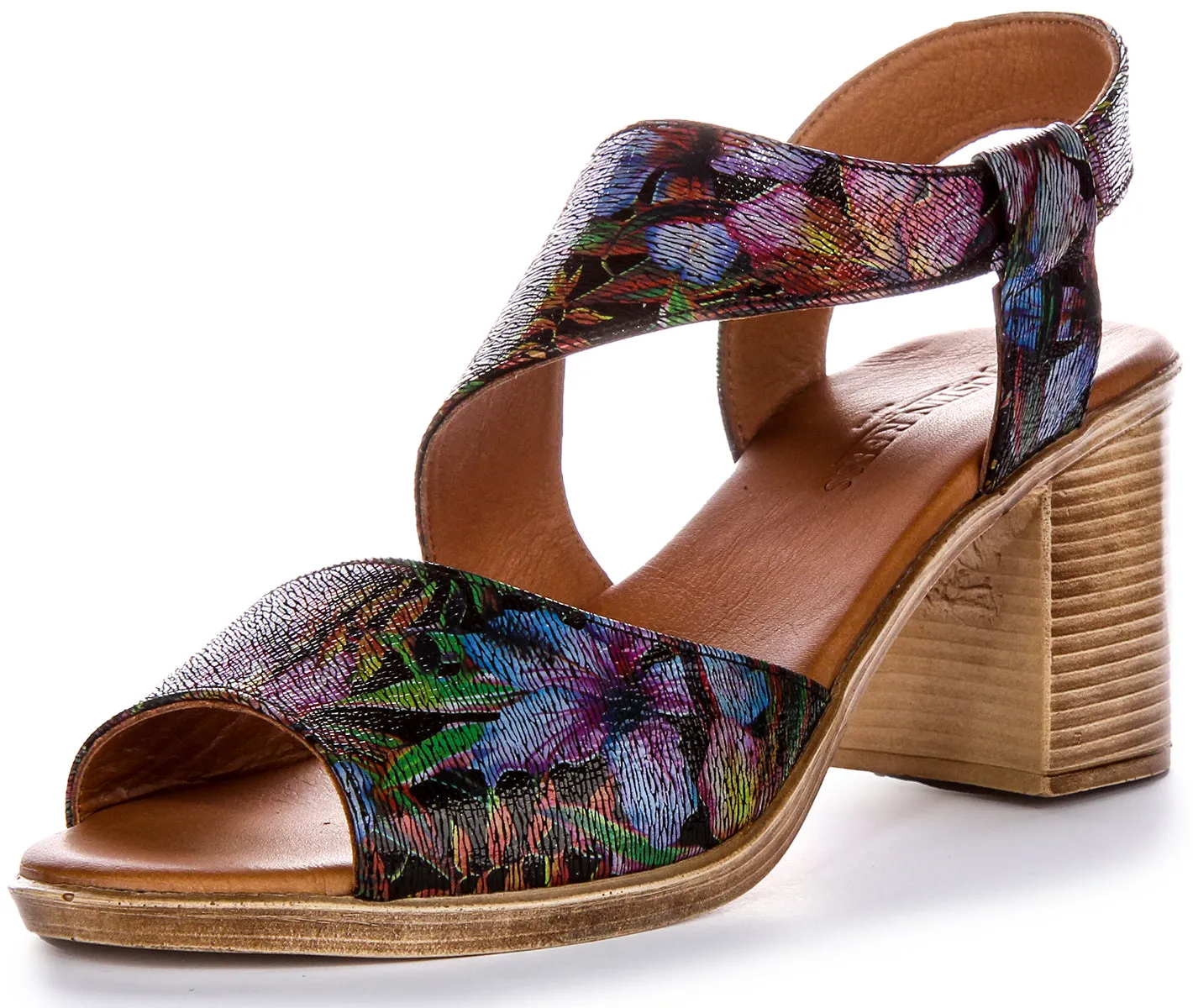 Justinreess Zapatos de Tacón Medio de Cuero para Mujer Alyssa Tacón de 3 pulgadas con Adorno Floral En Multicolor