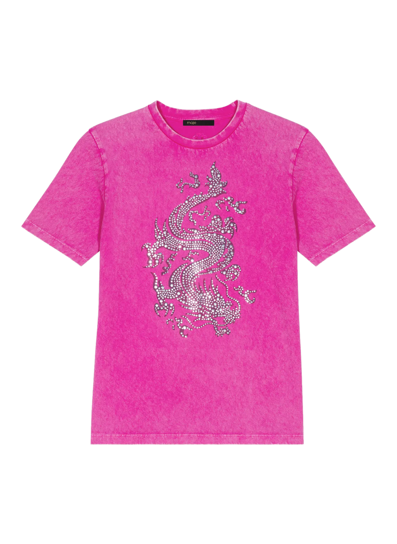 MAJE Camiseta de algodón serigrafiada de cuello redondo con strass en rosa