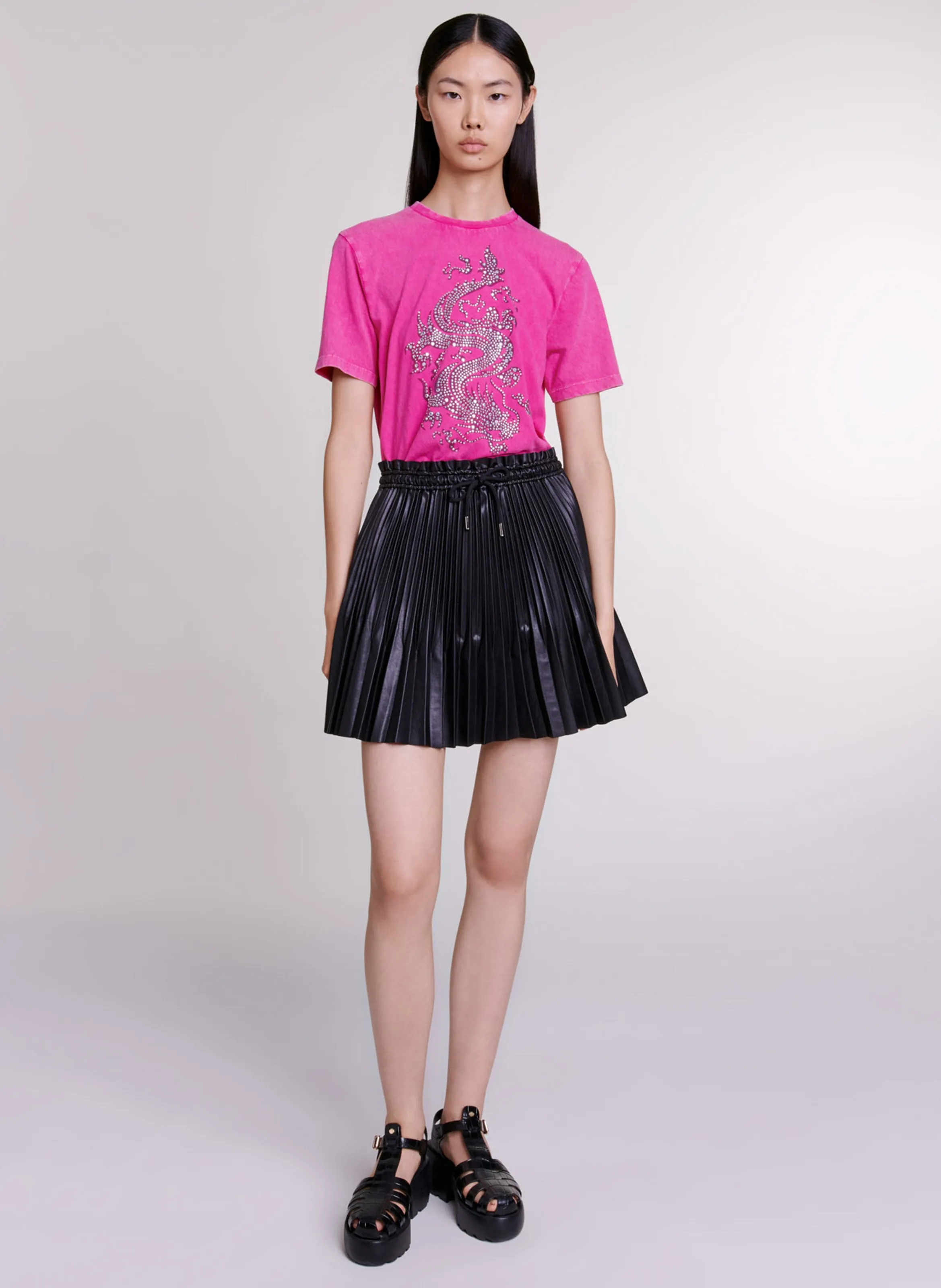 MAJE Camiseta de algodón serigrafiada de cuello redondo con strass en rosa