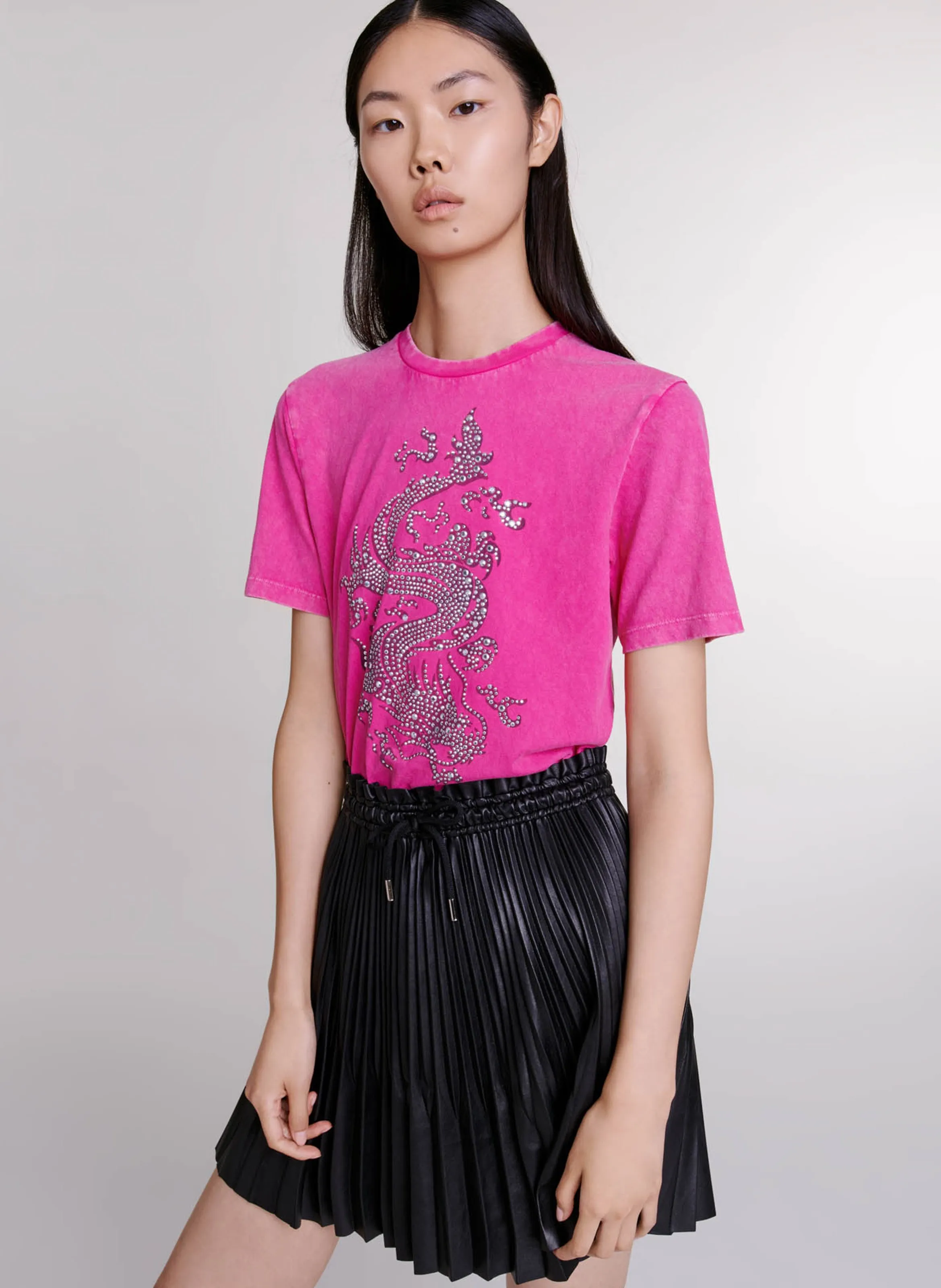 MAJE Camiseta de algodón serigrafiada de cuello redondo con strass en rosa