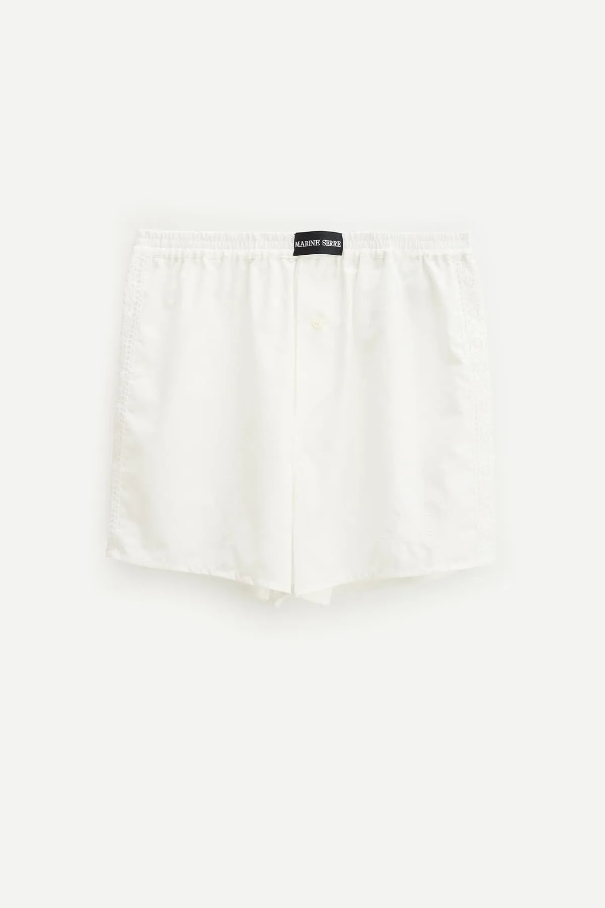 MARINE SERRE WHITE REGENERATED HOUSEHOLD LINEN SHORTS