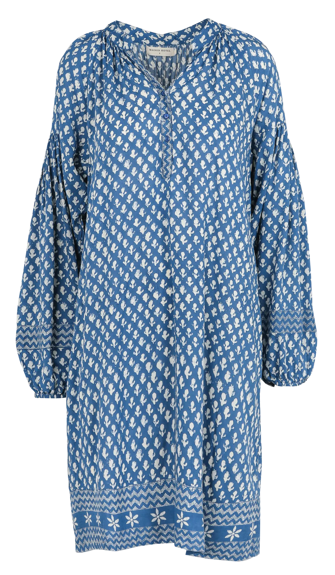 NATALIA  VESTIDO CORTO ESTAMPADO CON CUELLO TUNECINO EN AZUL