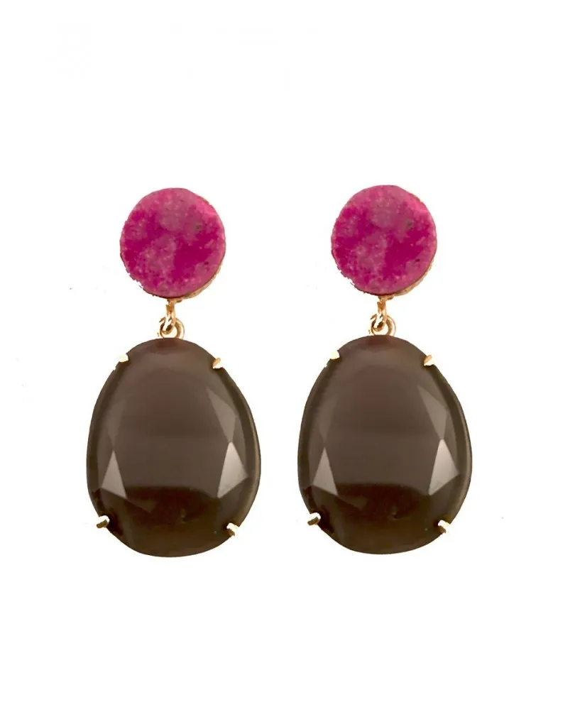 PENDIENTES DE PIEDRA NATURAL COLOR  GRIS OSCURO Y FUCSIA