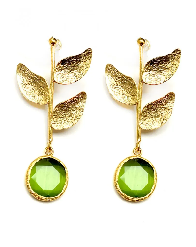 PENDIENTES DORADOS CON PIEDRAS VERDES Y BAÑO DE ORO