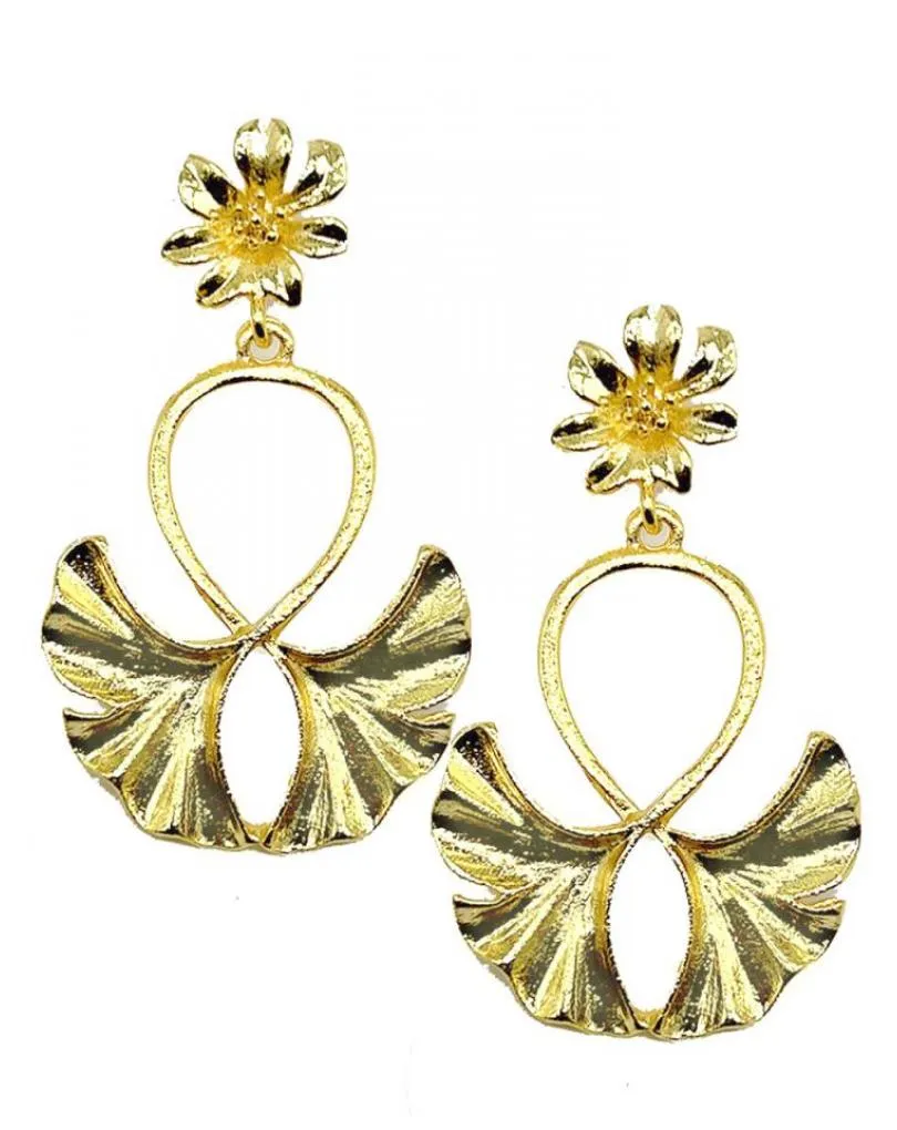 PENDIENTES LARGOS DORADOS CON DOBLE HOJA GINKGO BILOBA