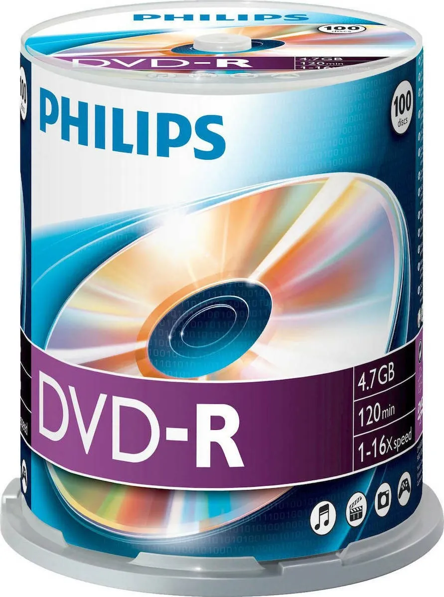 PHILIPS DVDR GRABABLE 16X 4.7 GB CAJA PARA TARTAS 100 UNIDADES