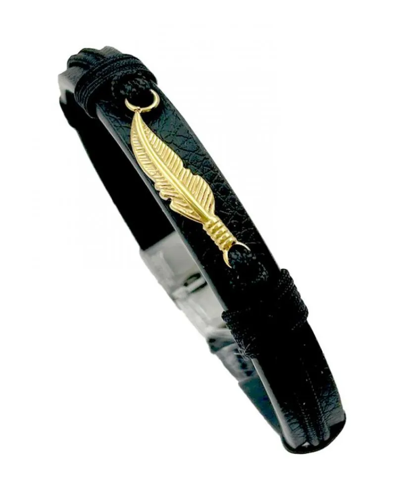 PULSERAS DE HOMBRE ORIGINALES CON ALA DORADA Y CUERO NEGRO