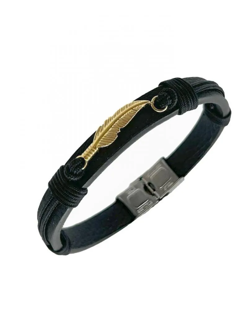 PULSERAS DE HOMBRE ORIGINALES CON ALA DORADA Y CUERO NEGRO
