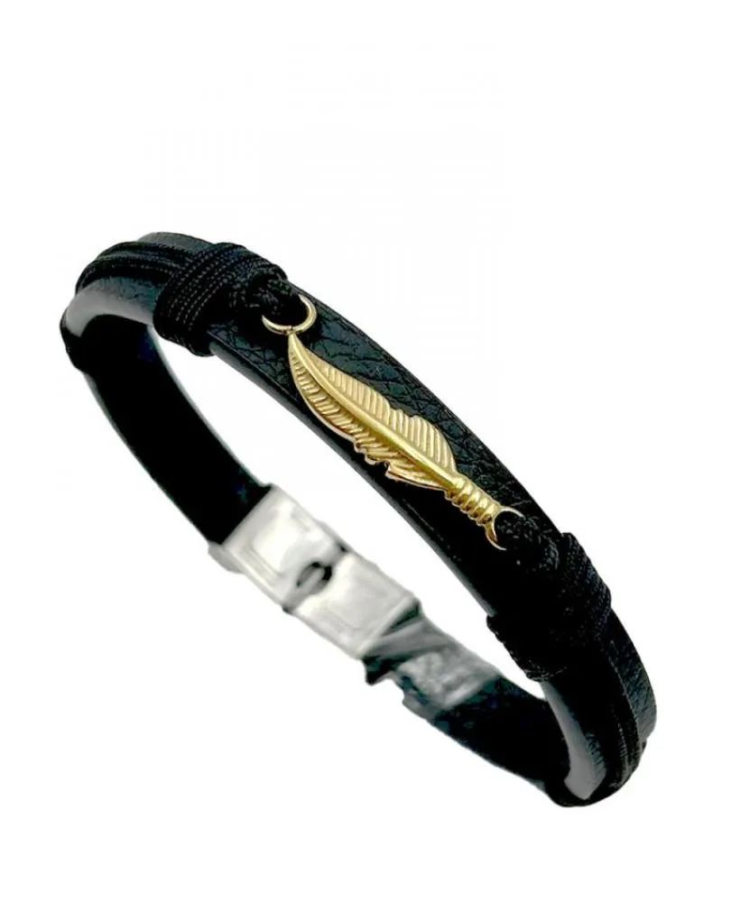 PULSERAS DE HOMBRE ORIGINALES CON ALA DORADA Y CUERO NEGRO