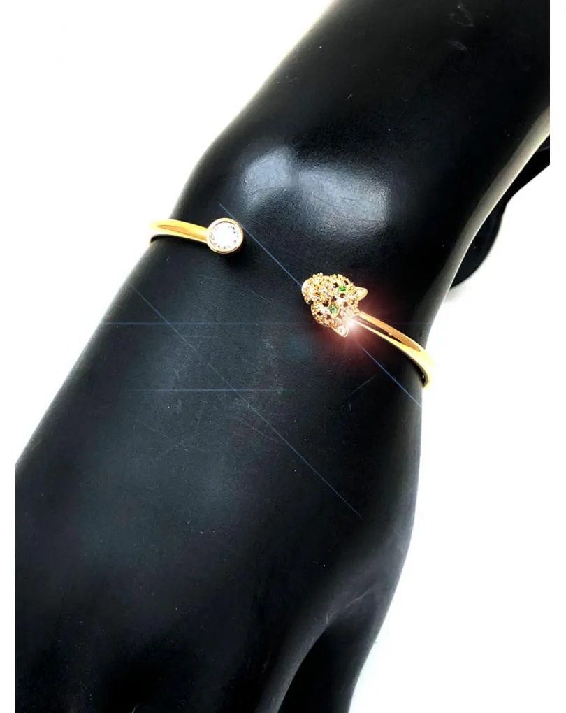 PULSERAS DORADAS CON CABEZA DE TIGRE DECORADO EN CRISTAL