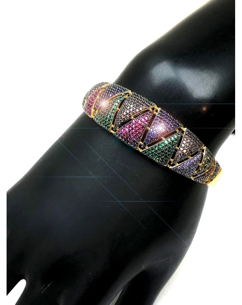 PULSERAS DORADAS DE MEDIA CAÑA DISEÑO MULTICOLOR EN ZIGZAG