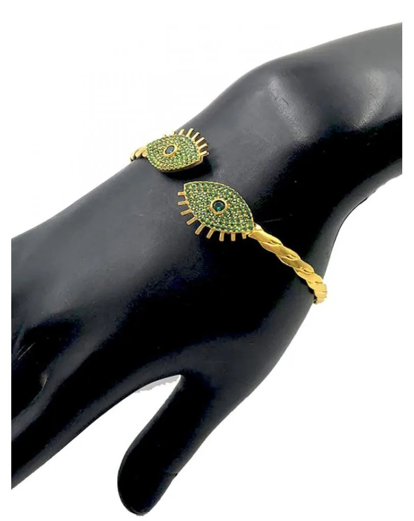 PULSERAS DORADAS Y VERDES ESMERALDA CON OJO DE LA SUERTE