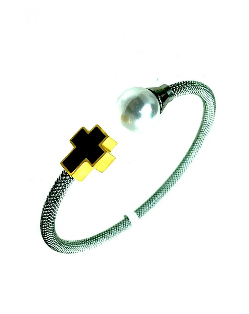 PULSERAS MUJER ACERO MUY DE MORA DECORADA CON PERLA Y CRUZ