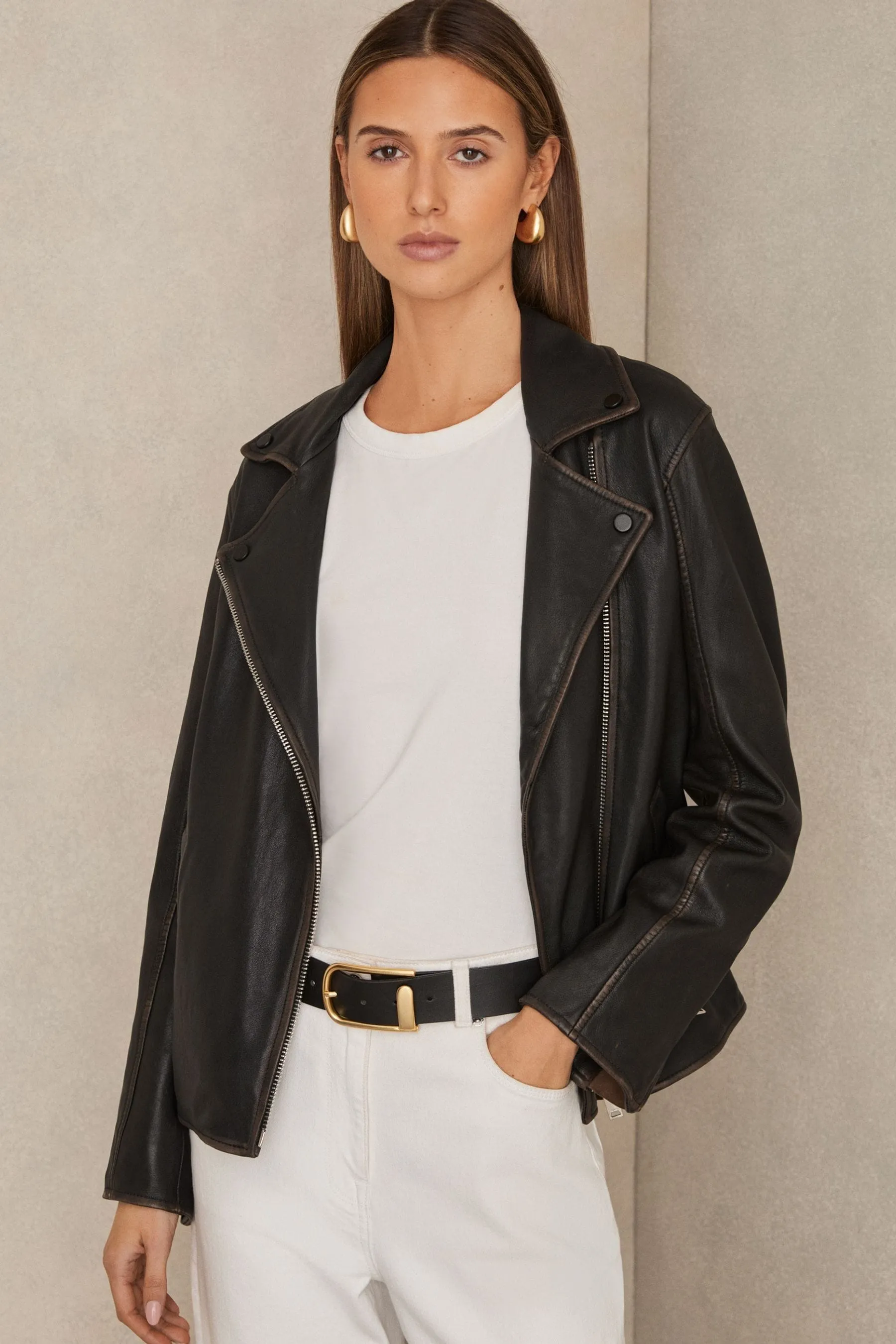 Reiss Beau Relaxed Leather Biker Jacket