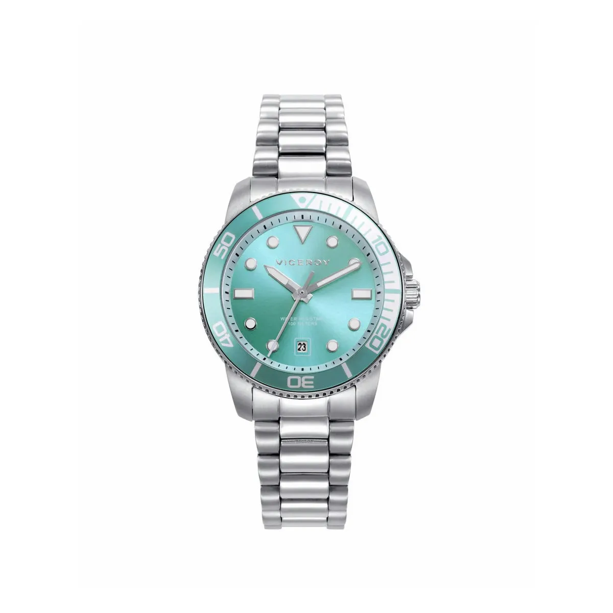 RELOJ CAJA DE ACERO CON BISEL DE ALUMINIO EN COLOR VERDE, 10 ATM, BRAZALETE DE ACERO, MOVIMIENTO CUARZO  VICEROY