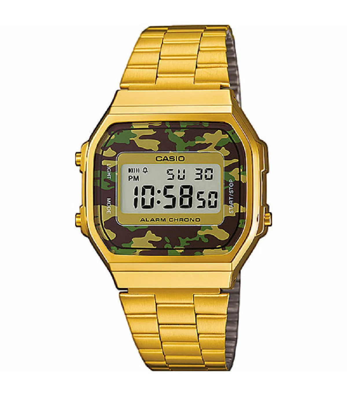 RELOJ CASIO VINTAGE ICONIC UNISEX DORADO ESFERA CAMUFLAJE VERDE  A168WEGC3EF