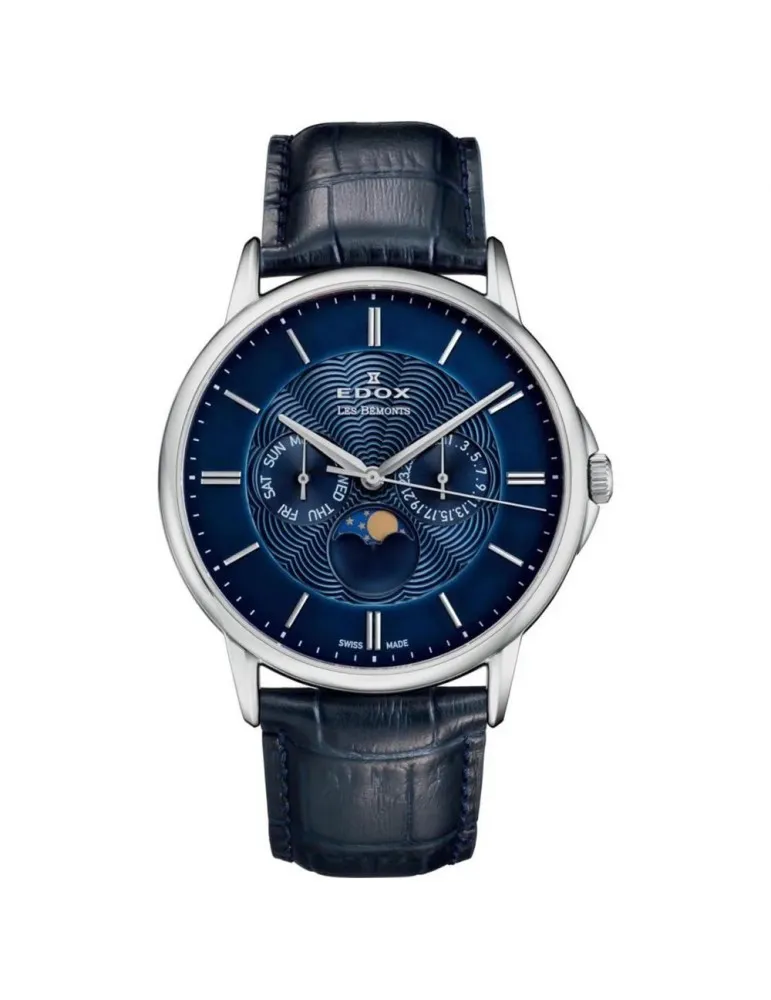 Reloj Edox Swiss Made Les Bémonts Hombre Fase Lunar Azul 400023BUIN
