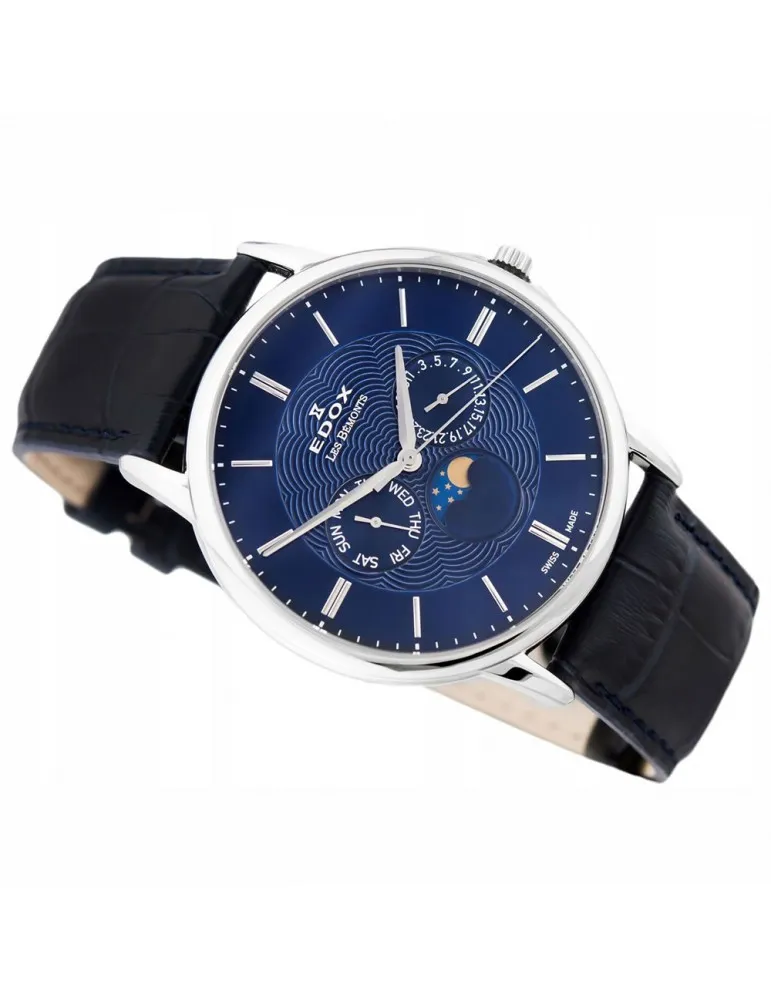 Reloj Edox Swiss Made Les Bémonts Hombre Fase Lunar Azul 400023BUIN