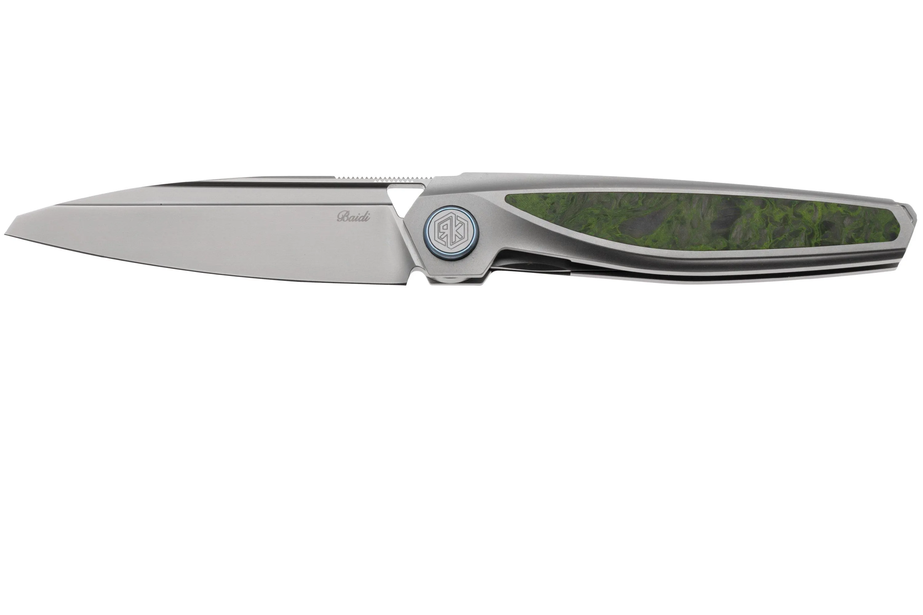 RIKE KNIFE BAIDI 132051 BEAD BLASTED BOHLER M390, TITANIUM, GREEN CARBON FIBER INLAY, NAVAJA